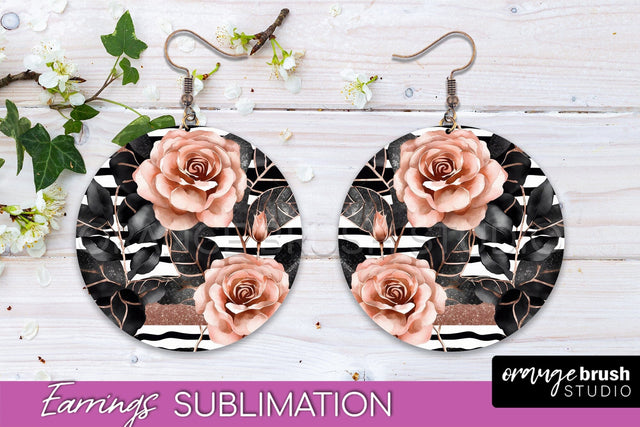 Rose Gold Flower Earrings, Floral Round Earring Sublimation Sublimation OrangeBrushStudio 