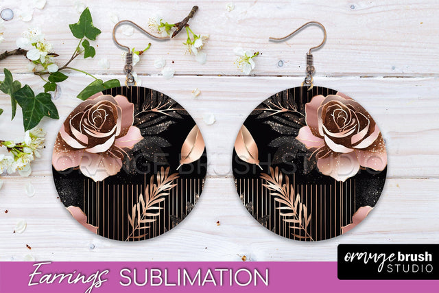 Rose Gold Flower Earrings, Floral Round Earring Sublimation Sublimation OrangeBrushStudio 