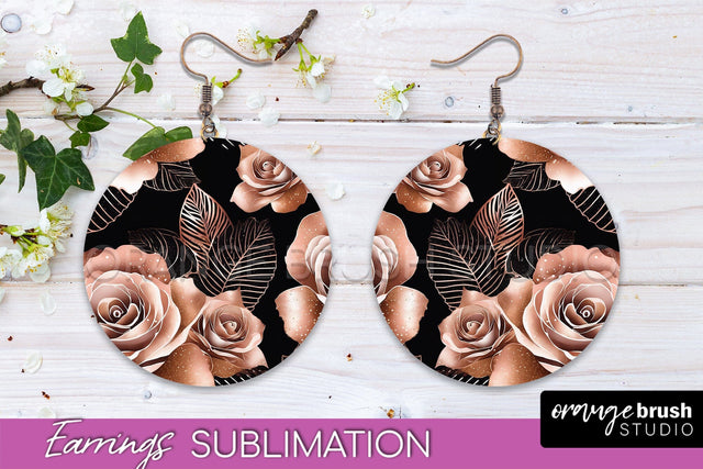 Rose Gold Flower Earrings, Floral Round Earring Sublimation Sublimation OrangeBrushStudio 