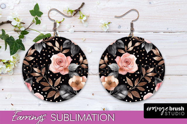 Rose Gold Flower Earrings, Floral Round Earring Sublimation Sublimation OrangeBrushStudio 