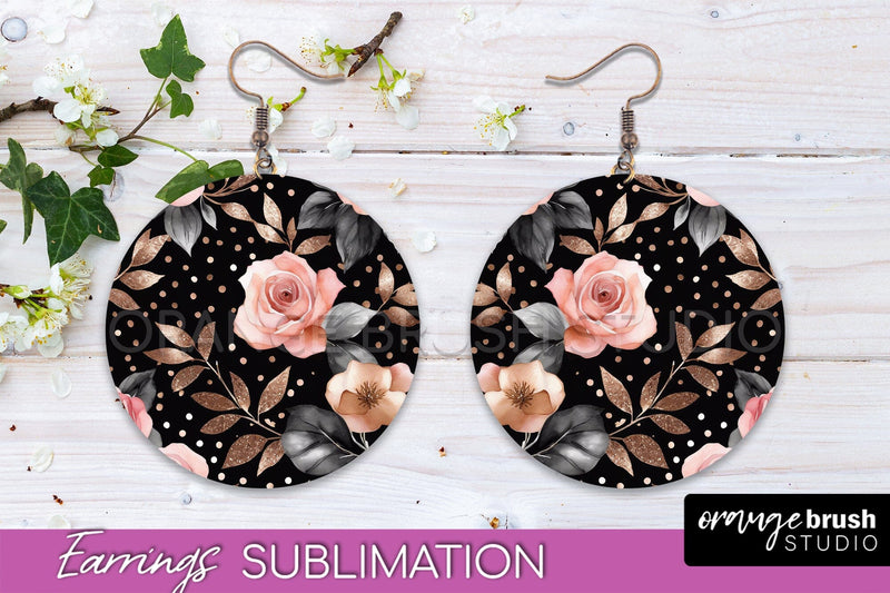 Rose Gold Flower Earrings, Floral Round Earring Sublimation Sublimation OrangeBrushStudio 