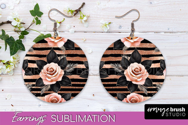 Rose Gold Flower Earrings, Floral Round Earring Sublimation Sublimation OrangeBrushStudio 