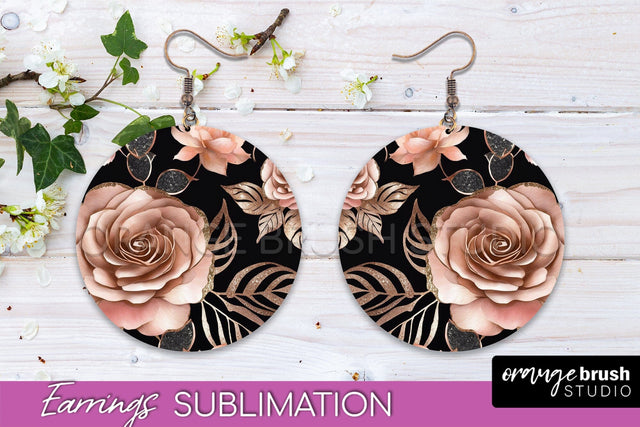 Rose Gold Flower Earrings, Floral Round Earring Sublimation Sublimation OrangeBrushStudio 