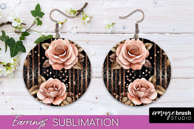 Rose Gold Flower Earrings, Floral Round Earring Sublimation Sublimation OrangeBrushStudio 