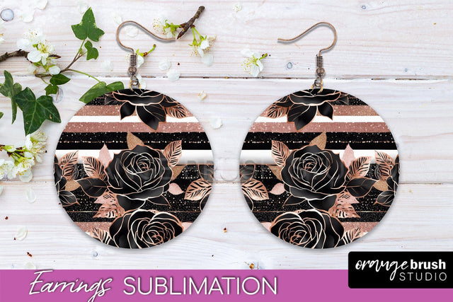 Rose Gold Flower Earrings, Floral Round Earring Sublimation Sublimation OrangeBrushStudio 