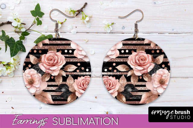 Rose Gold Flower Earrings, Floral Round Earring Sublimation Sublimation OrangeBrushStudio 