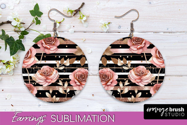 Rose Gold Flower Earrings, Floral Round Earring Sublimation Sublimation OrangeBrushStudio 