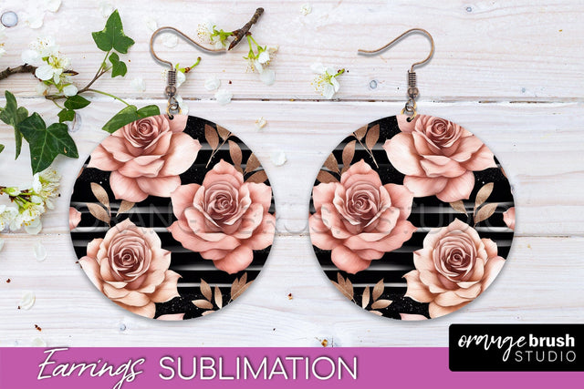 Rose Gold Flower Earrings, Floral Round Earring Sublimation Sublimation OrangeBrushStudio 