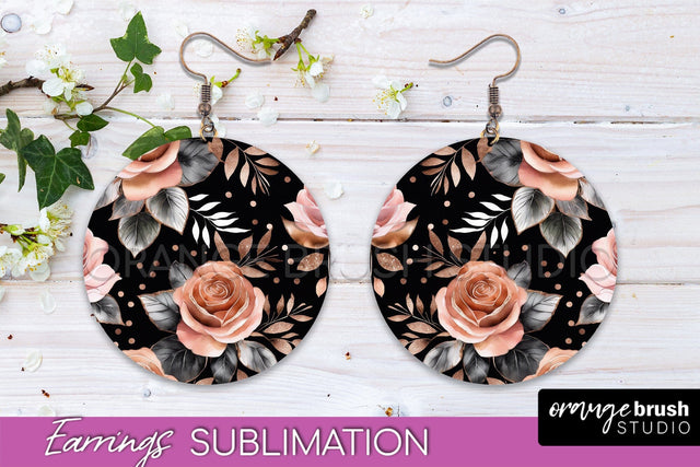 Rose Gold Flower Earrings, Floral Round Earring Sublimation Sublimation OrangeBrushStudio 