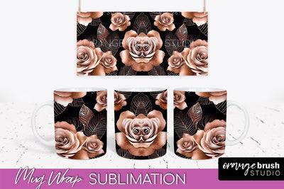Rose Gold Flower Mug Wrap - Floral Mug Sublimation Design Sublimation OrangeBrushStudio 
