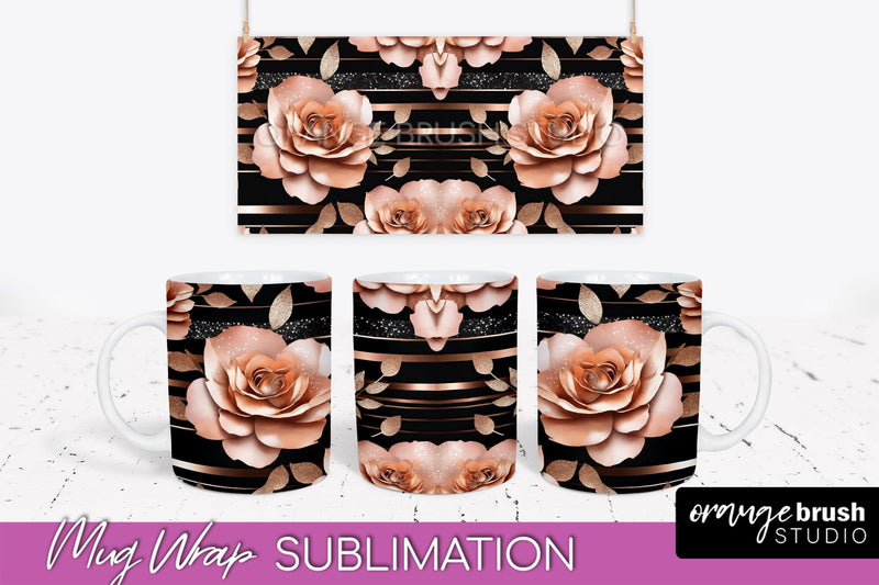 Rose Gold Flower Mug Wrap - Floral Mug Sublimation Design Sublimation OrangeBrushStudio 