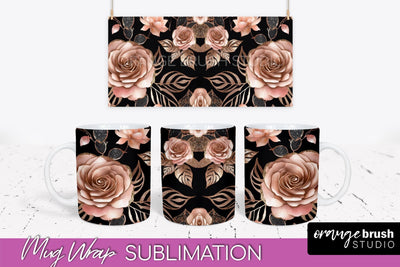 Rose Gold Flower Mug Wrap - Floral Mug Sublimation Design Sublimation OrangeBrushStudio 
