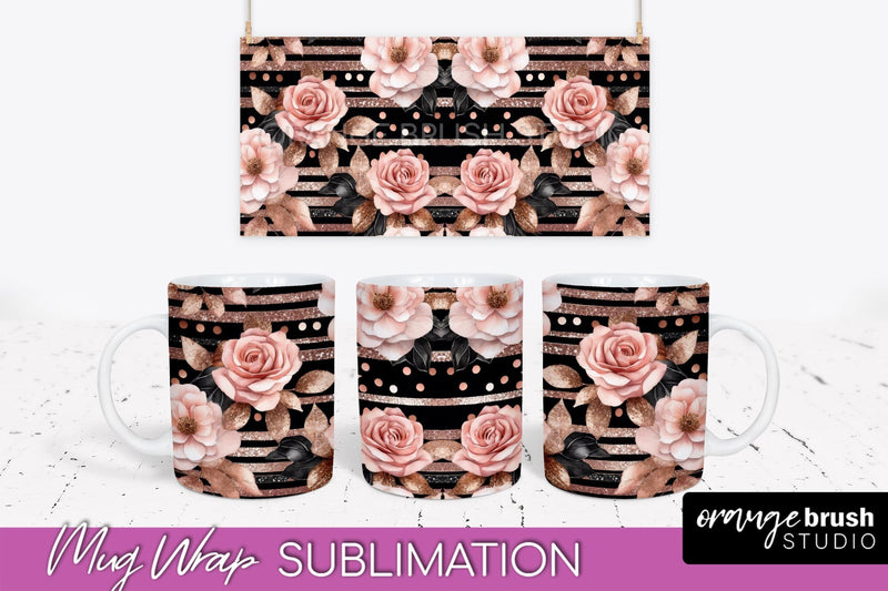 Rose Gold Flower Mug Wrap - Floral Mug Sublimation Design Sublimation OrangeBrushStudio 