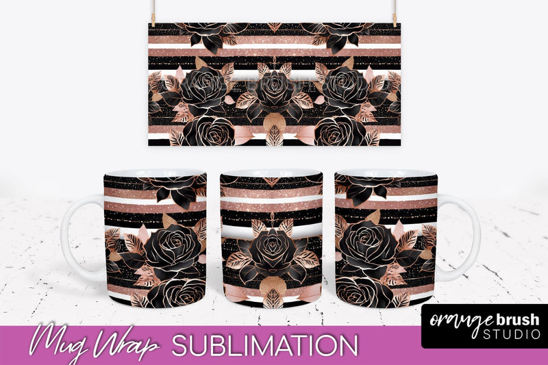 Rose Gold Flower Mug Wrap - Floral Mug Sublimation Design Sublimation OrangeBrushStudio 