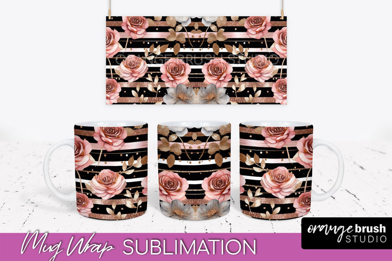Rose Gold Flower Mug Wrap - Floral Mug Sublimation Design Sublimation OrangeBrushStudio 