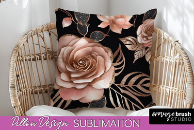 Rose Gold Flower Pillow Cover - Floral Pillow Sublimation Sublimation OrangeBrushStudio 