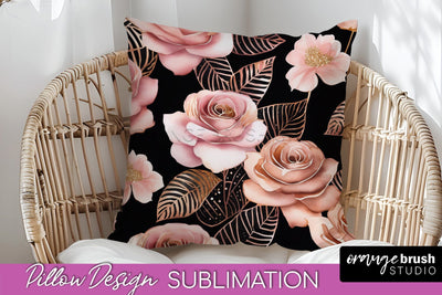 Rose Gold Flower Pillow Cover - Floral Pillow Sublimation Sublimation OrangeBrushStudio 