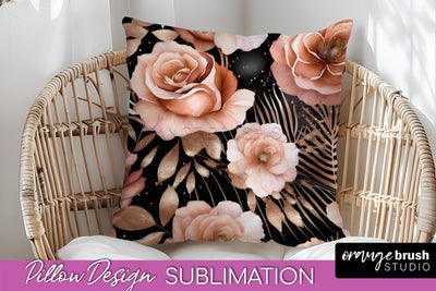Rose Gold Flower Pillow Cover - Floral Pillow Sublimation Sublimation OrangeBrushStudio 