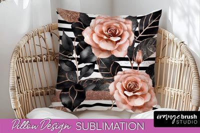 Rose Gold Flower Pillow Cover - Floral Pillow Sublimation Sublimation OrangeBrushStudio 