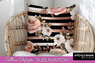 Rose Gold Flower Pillow Cover - Floral Pillow Sublimation Sublimation OrangeBrushStudio 