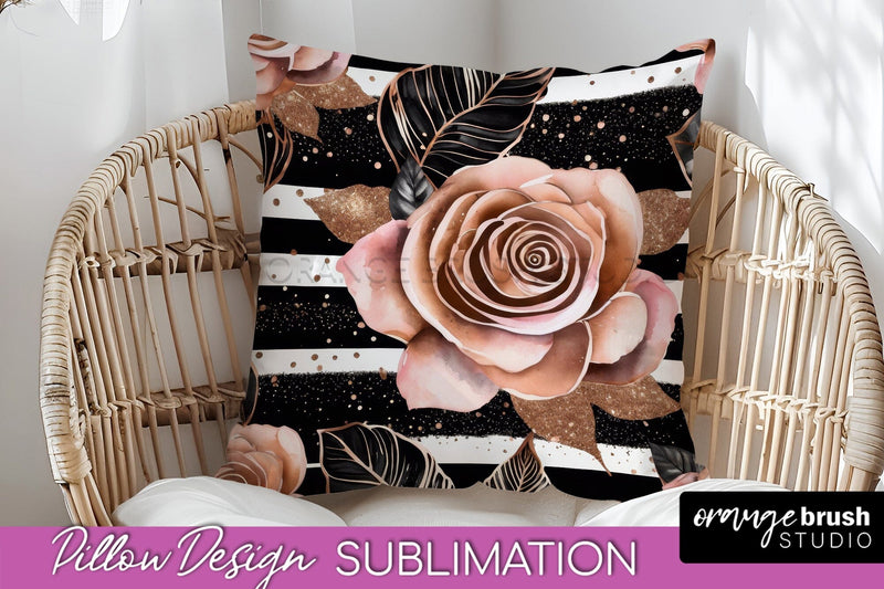Rose Gold Flower Pillow Cover - Floral Pillow Sublimation Sublimation OrangeBrushStudio 