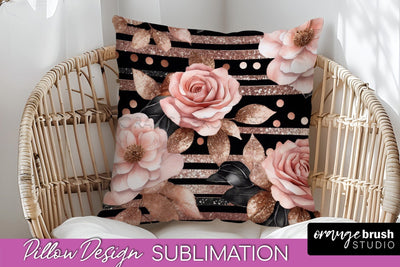 Rose Gold Flower Pillow Cover - Floral Pillow Sublimation Sublimation OrangeBrushStudio 