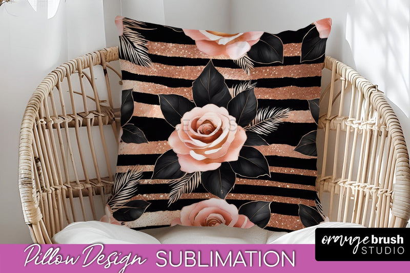 Rose Gold Flower Pillow Cover - Floral Pillow Sublimation Sublimation OrangeBrushStudio 