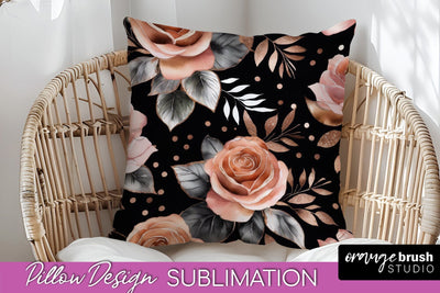 Rose Gold Flower Pillow Cover - Floral Pillow Sublimation Sublimation OrangeBrushStudio 