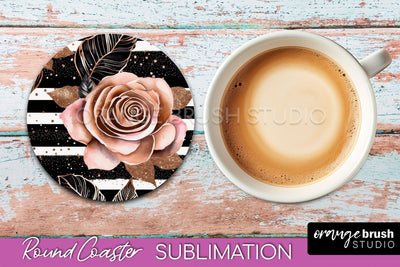 Rose Gold Flower Round Coaster - Floral Coaster Sublimation Sublimation OrangeBrushStudio 