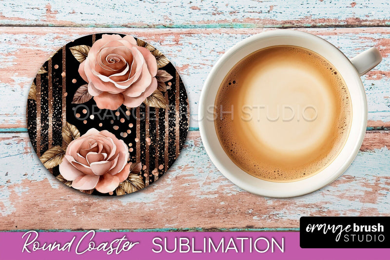 Rose Gold Flower Round Coaster - Floral Coaster Sublimation Sublimation OrangeBrushStudio 