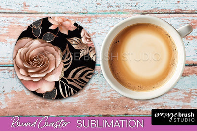 Rose Gold Flower Round Coaster - Floral Coaster Sublimation Sublimation OrangeBrushStudio 