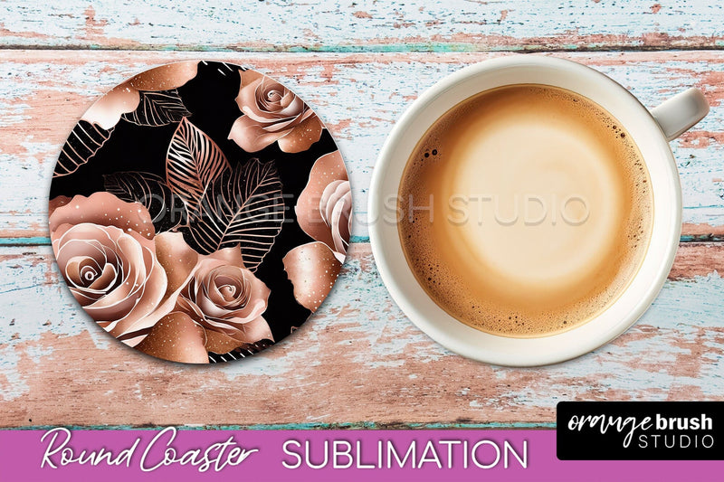 Rose Gold Flower Round Coaster - Floral Coaster Sublimation Sublimation OrangeBrushStudio 