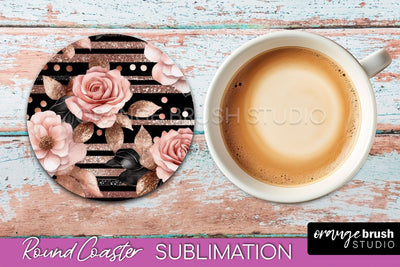 Rose Gold Flower Round Coaster - Floral Coaster Sublimation Sublimation OrangeBrushStudio 