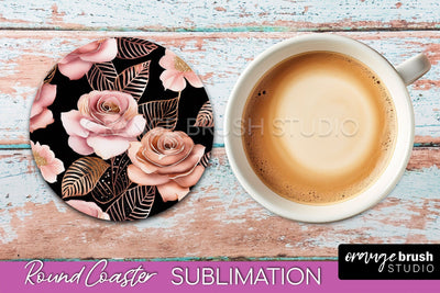 Rose Gold Flower Round Coaster - Floral Coaster Sublimation Sublimation OrangeBrushStudio 