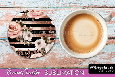 Rose Gold Flower Round Coaster - Floral Coaster Sublimation Sublimation OrangeBrushStudio 