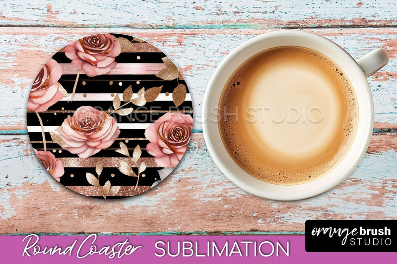 Rose Gold Flower Round Coaster - Floral Coaster Sublimation Sublimation OrangeBrushStudio 