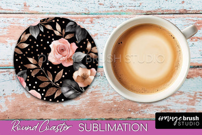 Rose Gold Flower Round Coaster - Floral Coaster Sublimation Sublimation OrangeBrushStudio 