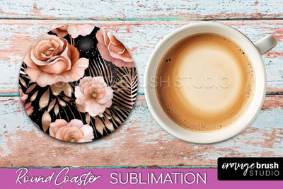 Rose Gold Flower Round Coaster - Floral Coaster Sublimation Sublimation OrangeBrushStudio 