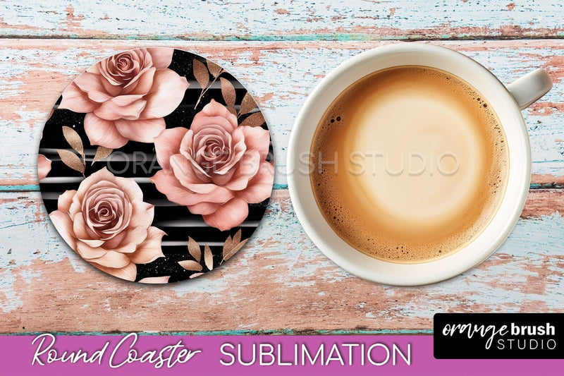 Rose Gold Flower Round Coaster - Floral Coaster Sublimation Sublimation OrangeBrushStudio 