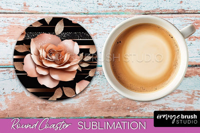 Rose Gold Flower Round Coaster - Floral Coaster Sublimation Sublimation OrangeBrushStudio 