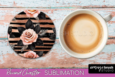 Rose Gold Flower Round Coaster - Floral Coaster Sublimation Sublimation OrangeBrushStudio 