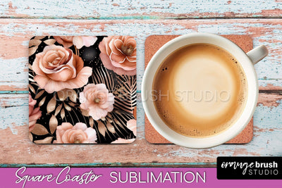 Rose Gold Flower Square Coaster - Floral Coaster Sublimation Sublimation OrangeBrushStudio 