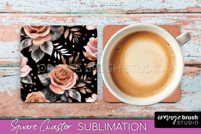 Rose Gold Flower Square Coaster - Floral Coaster Sublimation Sublimation OrangeBrushStudio 