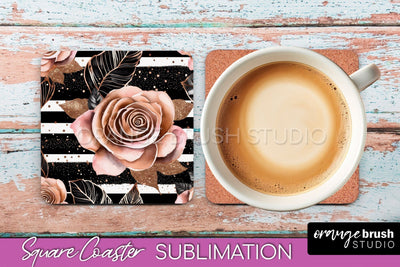 Rose Gold Flower Square Coaster - Floral Coaster Sublimation Sublimation OrangeBrushStudio 