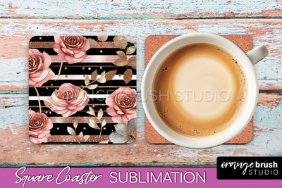 Rose Gold Flower Square Coaster - Floral Coaster Sublimation Sublimation OrangeBrushStudio 