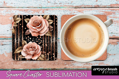 Rose Gold Flower Square Coaster - Floral Coaster Sublimation Sublimation OrangeBrushStudio 