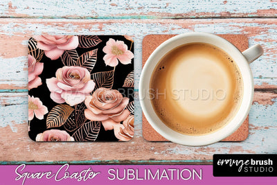 Rose Gold Flower Square Coaster - Floral Coaster Sublimation Sublimation OrangeBrushStudio 