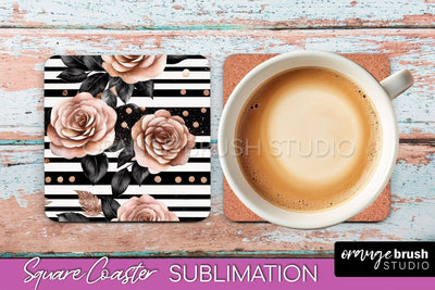 Rose Gold Flower Square Coaster - Floral Coaster Sublimation Sublimation OrangeBrushStudio 