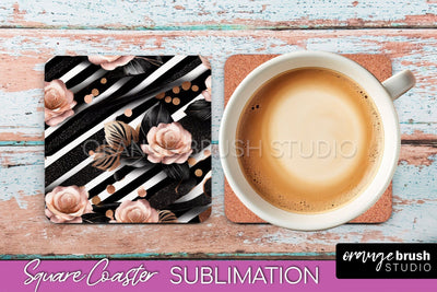Rose Gold Flower Square Coaster - Floral Coaster Sublimation Sublimation OrangeBrushStudio 
