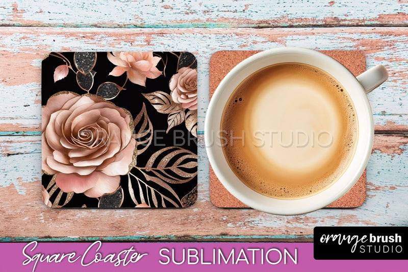 Rose Gold Flower Square Coaster - Floral Coaster Sublimation Sublimation OrangeBrushStudio 